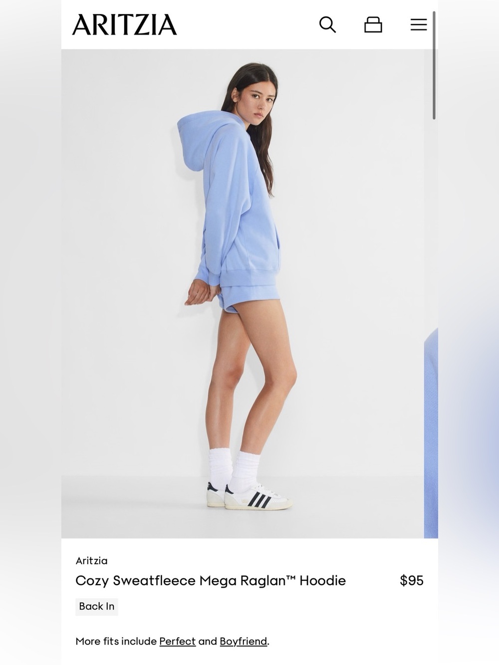 Aritzia Dayflower Blue Cozy Sweatfleece Mega Raglan Hoodie